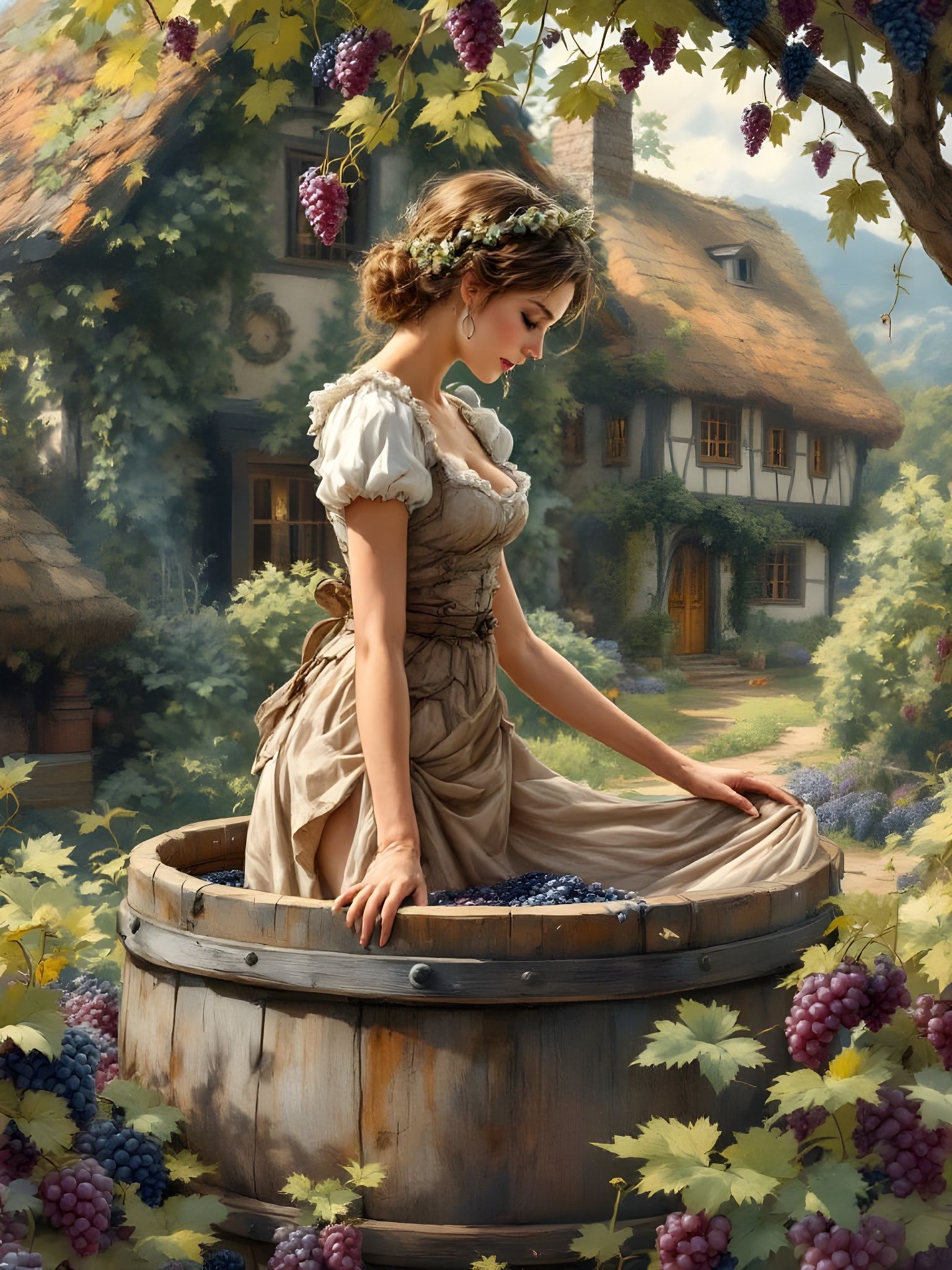 Dark Fantasy Grape Harvest Scene in Pastel Colors