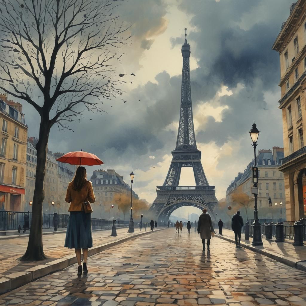 Eiffel Tower Watercolor Painting in Gouache Style