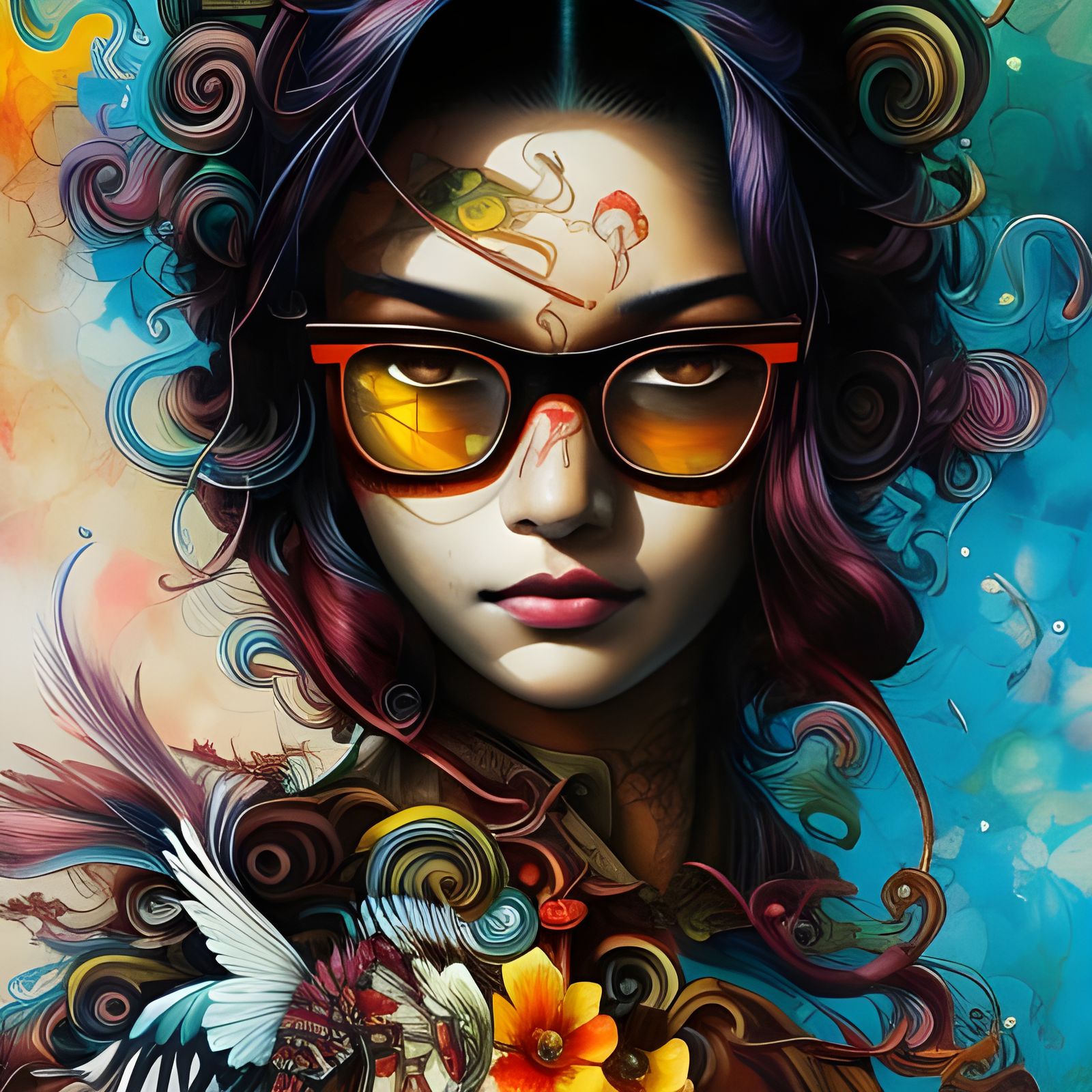 Colombian Girl with Glasses, Hyperdetailed Gouache Illustrat...
