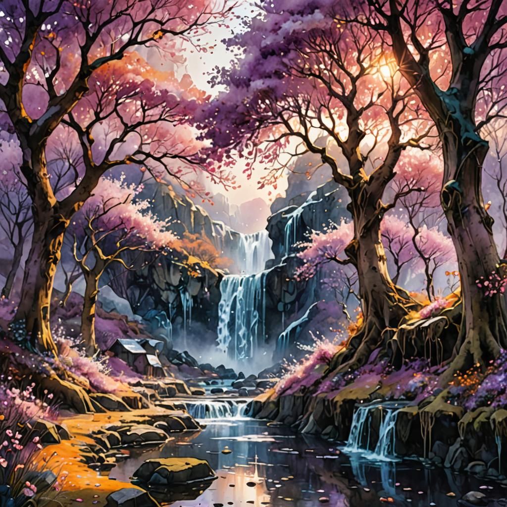 Elven Cherry Trees by Frozen Waterfall: Watercolor Art