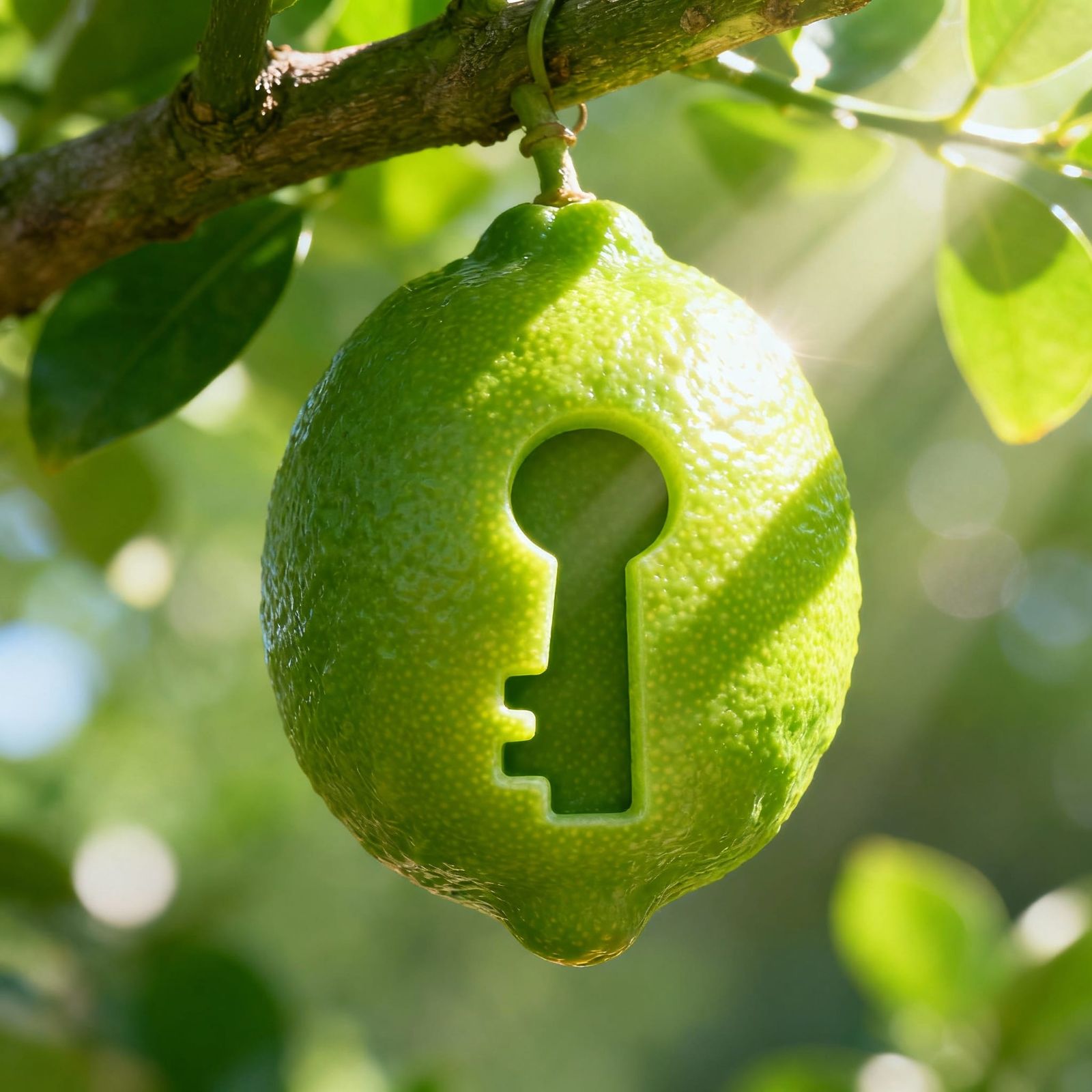 Key-Shaped Lime on Tree Branch - Hyperrealistic