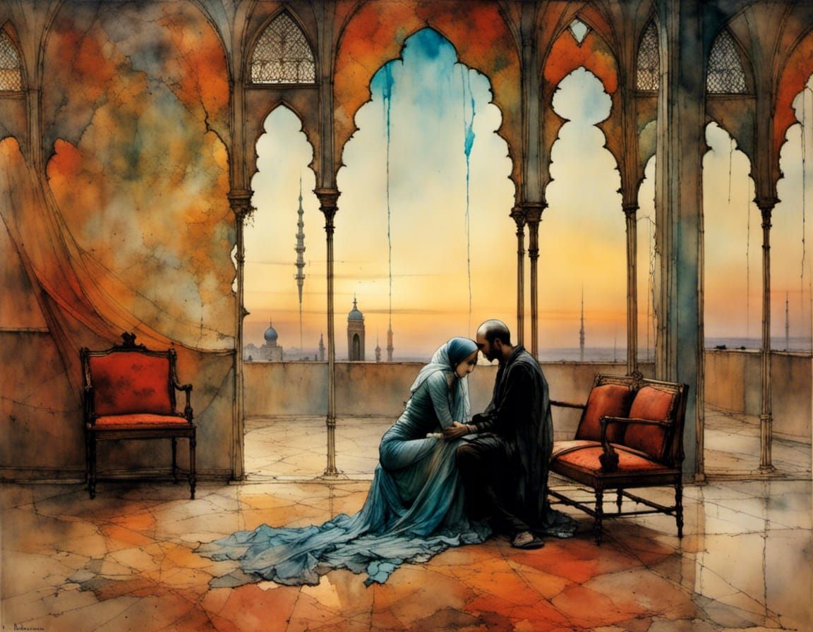 Couple's Embrace in Opulent Orientalist Style