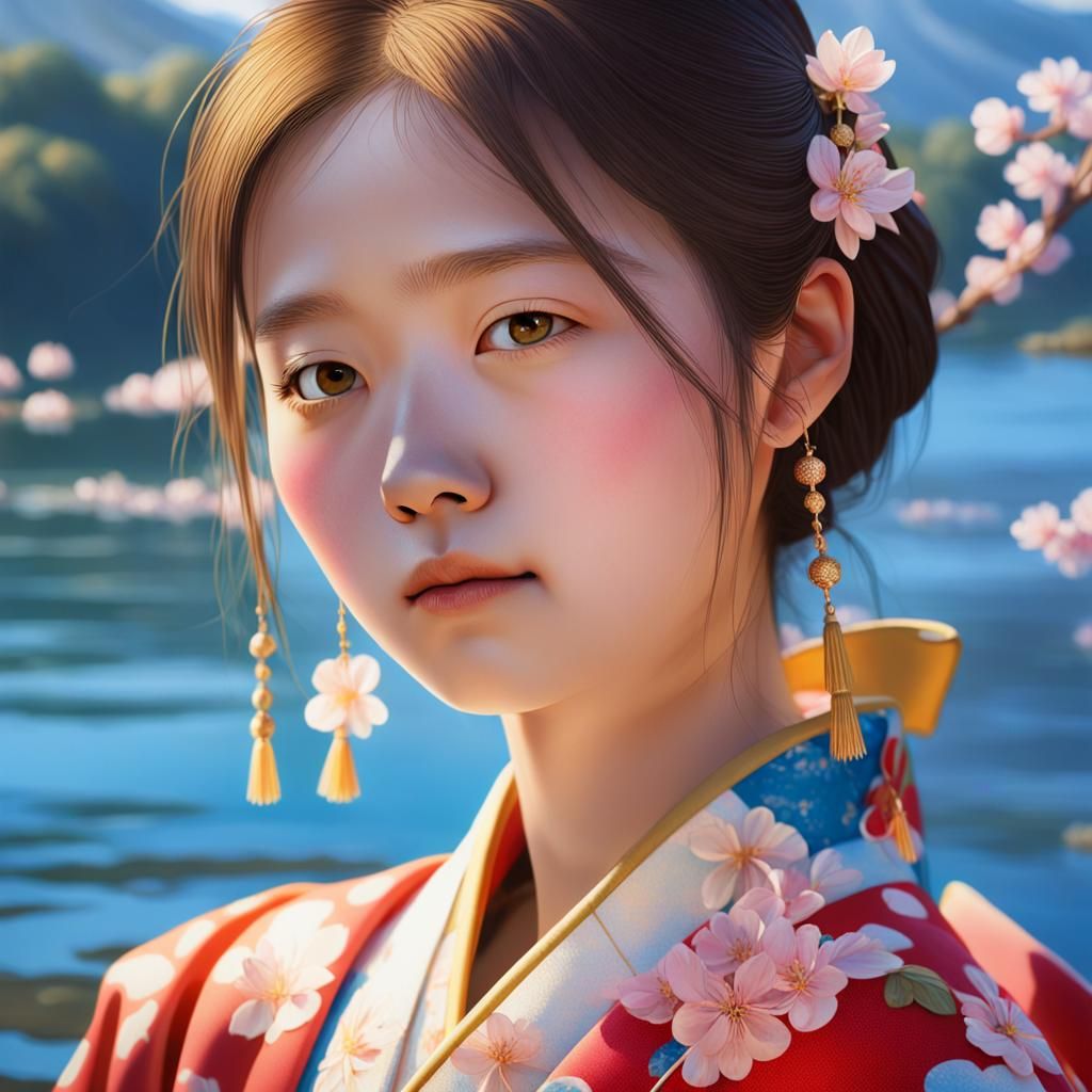 Kimono Girl Portrait with Cherry Blossoms in Oil Painting St...