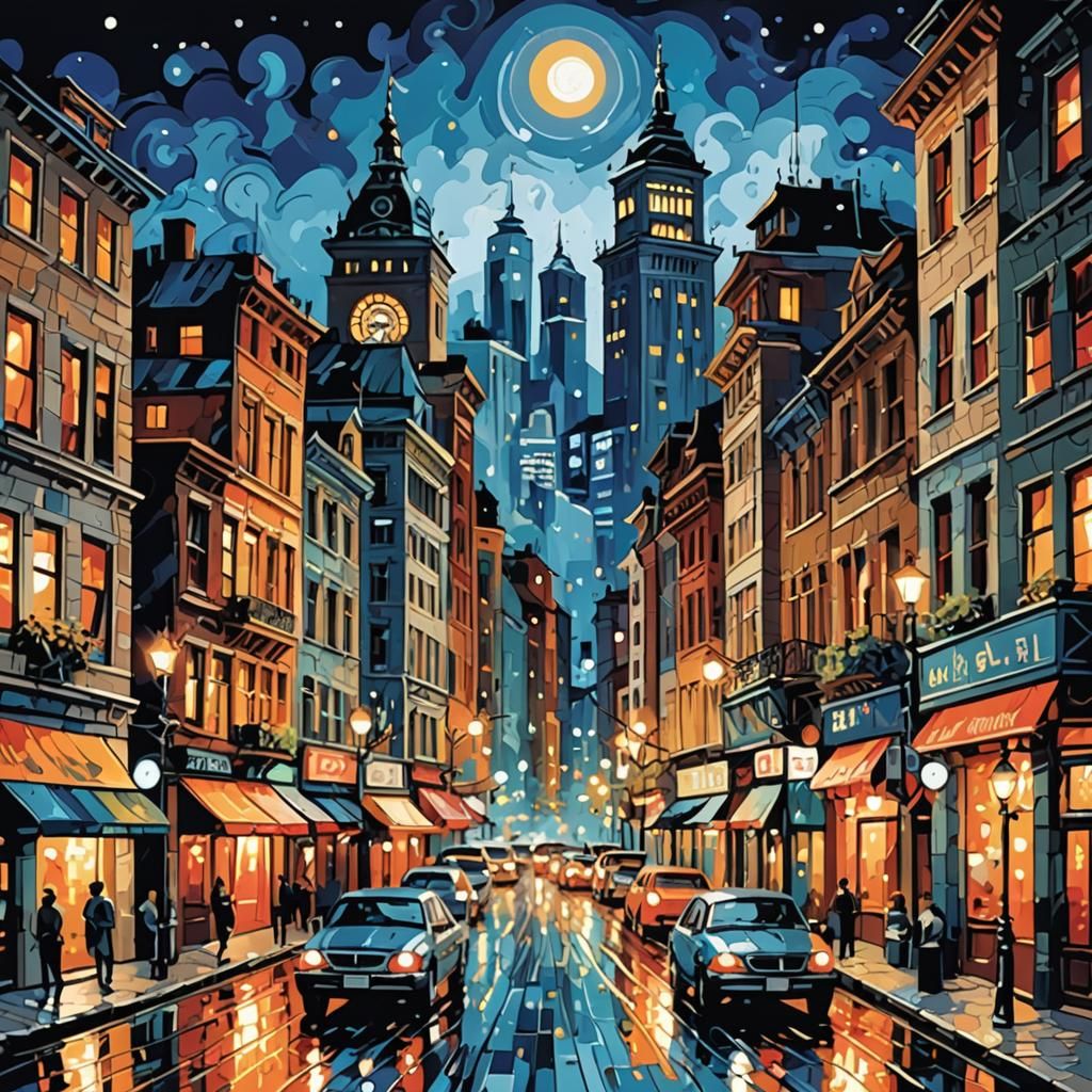 Paint-by-numbers kit featuring a bustling cityscape at night