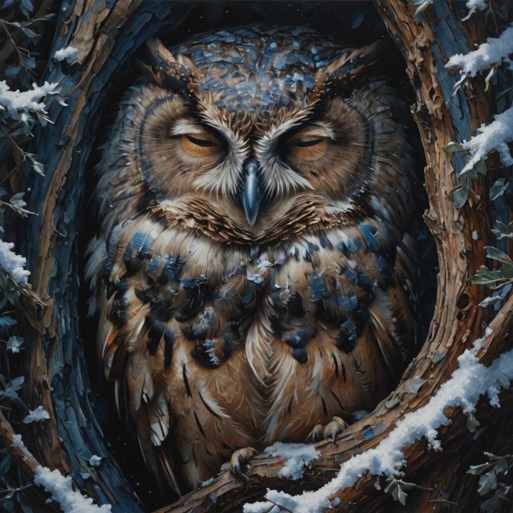 sleeping owl; tree hollow snow background; blue tones