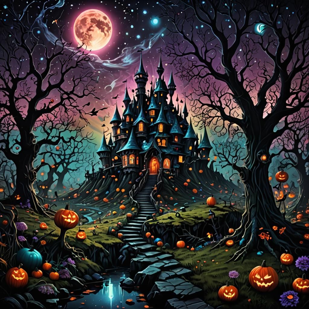 Spooky Wonderland Cosmic Nightmare with Sparkling Stars