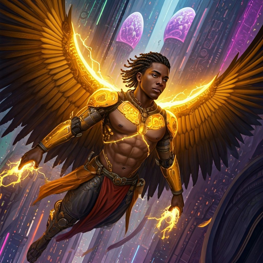 Cyberpunk Warrior Soaring Through Neon Cityscape