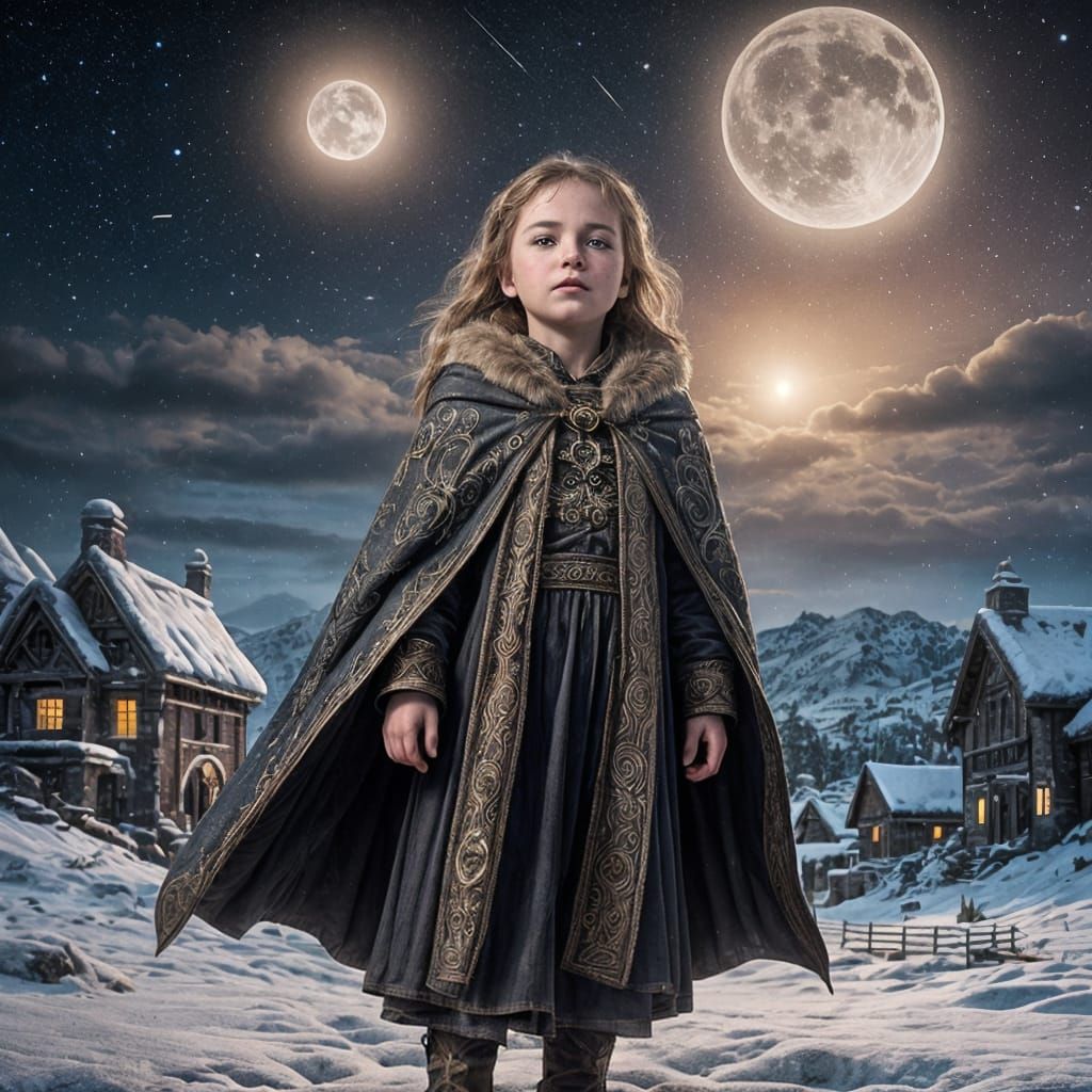 Epic Winter Landscape with Celtic Child Under the Starry Nig...