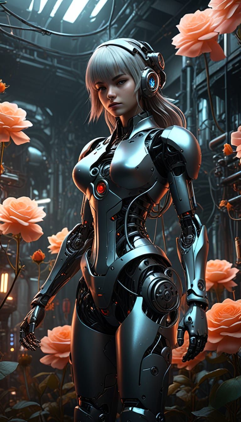 Curvy Cyberpunk Mecha Goddess with Industrial Blooms