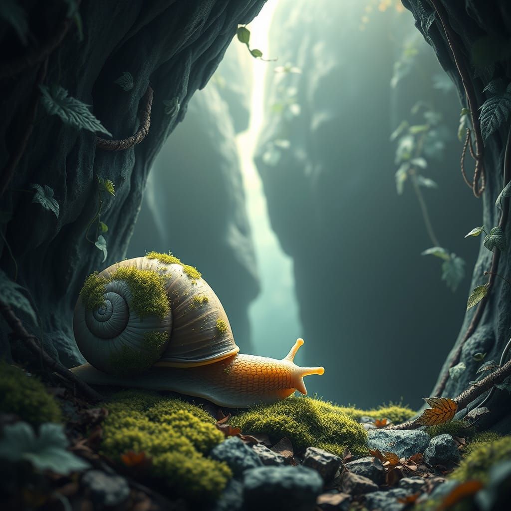 Snail with Mossy Shell at Cave Entrance