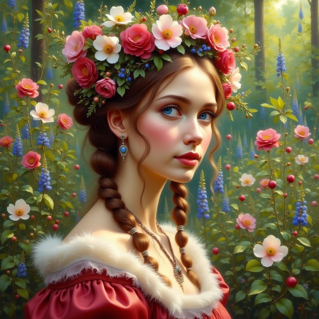 Elegant Young Zarina in Red Taffeta Sarafan with Blonde Brai...