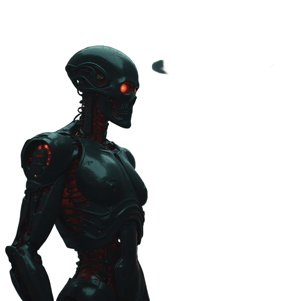 Dark Sci-Fi Battle of a Robot and Three UFOs