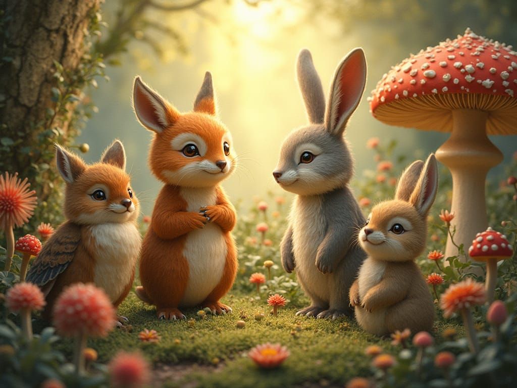 Whimsical Magical Garden Scene with Talking Animals in Vibra...