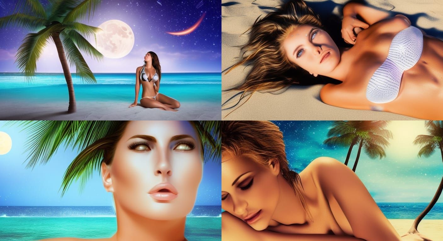 Bikini Woman on Beach Under Moonlight, Splash Art