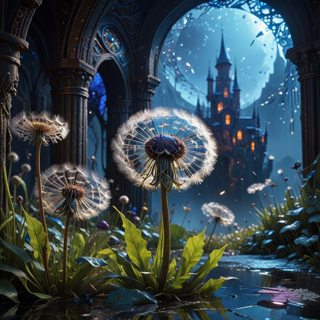 Ethereal Dandelion in Dark Fantasy Landscape