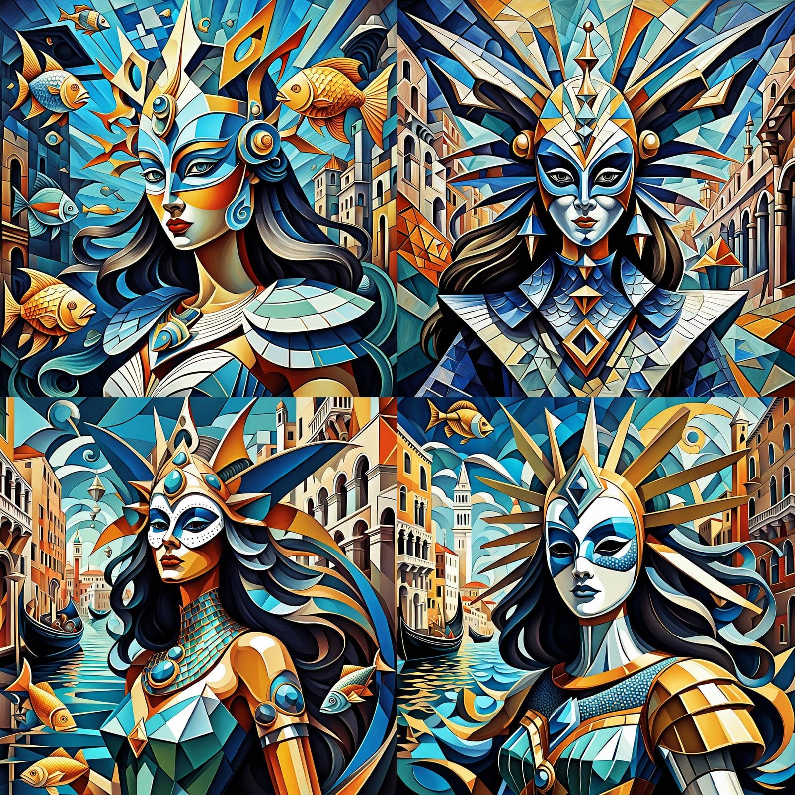 Cubist Bird Woman with Trident and Carnival Mask