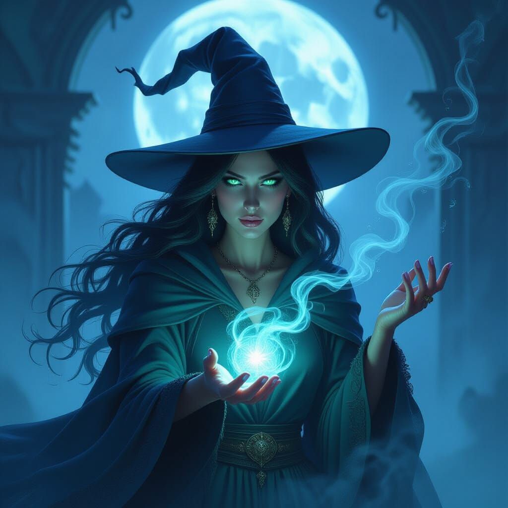 Mysterious Witch Casting Spell in Moonlight