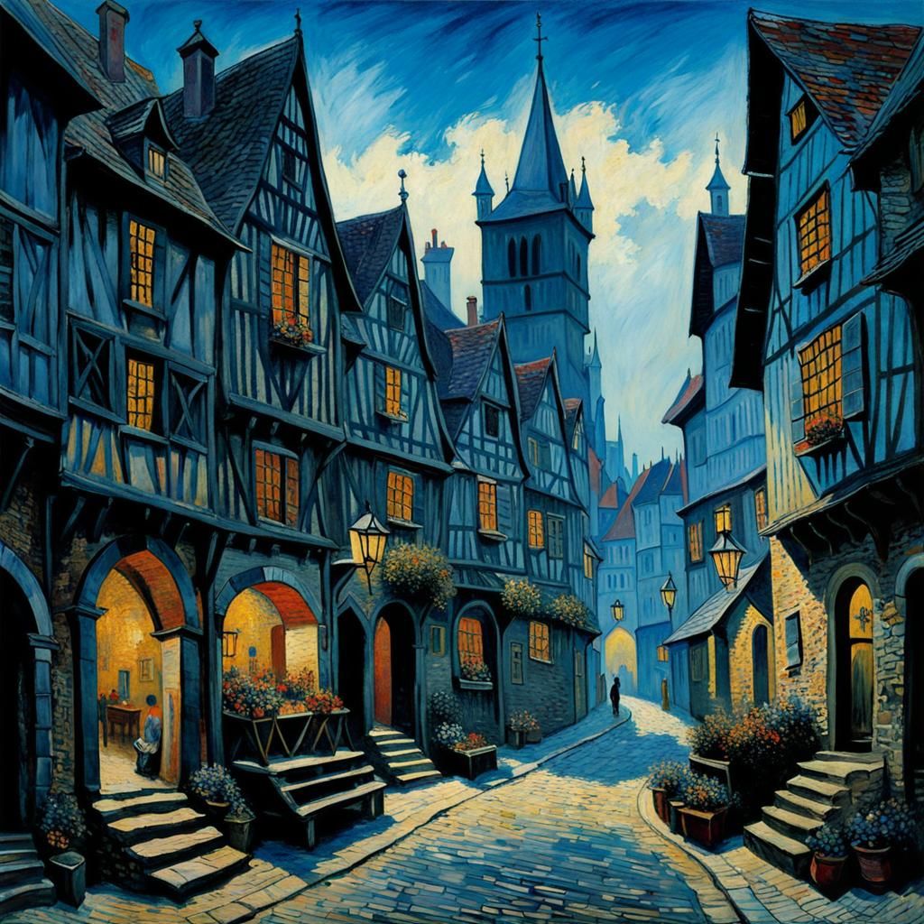 Expressive Medieval Town in Impressionist Style