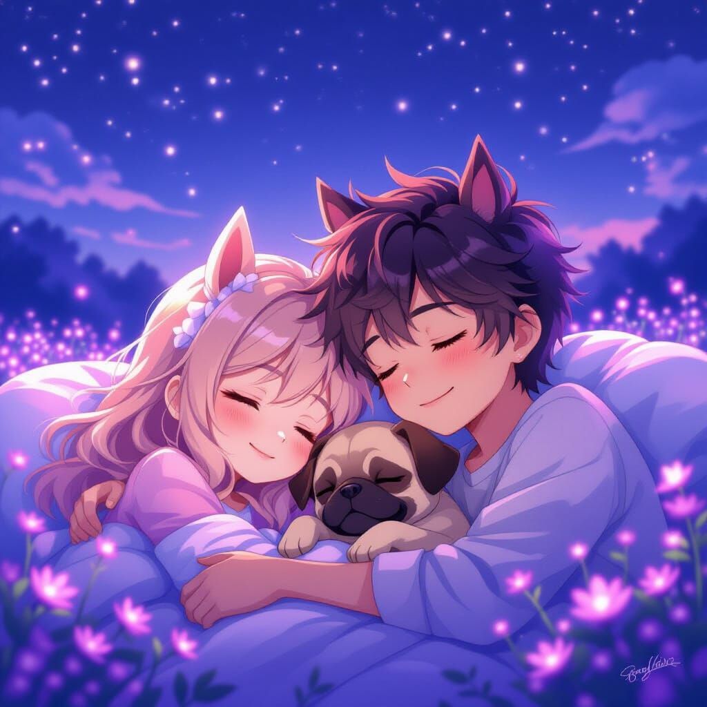 Anime Couple Sleeping in Serene Landscape with Pug Puppy