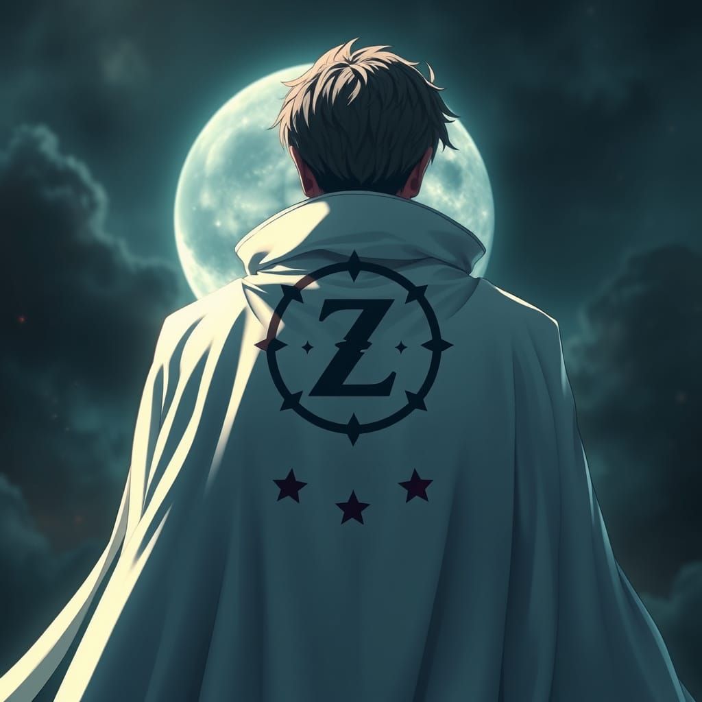 Anime Hero in Celestial White Cloak with Red Star Symbols