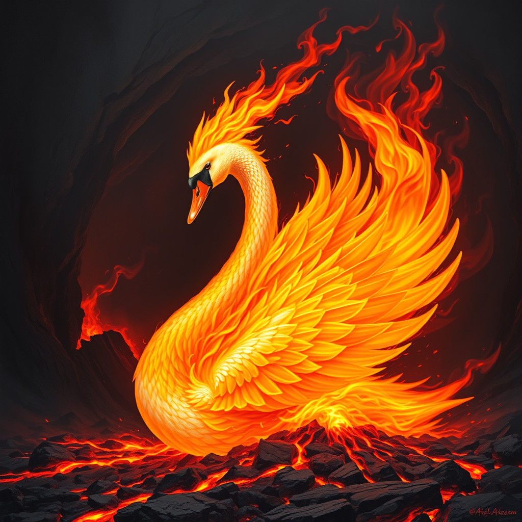 Flaming Swan in Volcanic Landscape, Dramatic Lighting