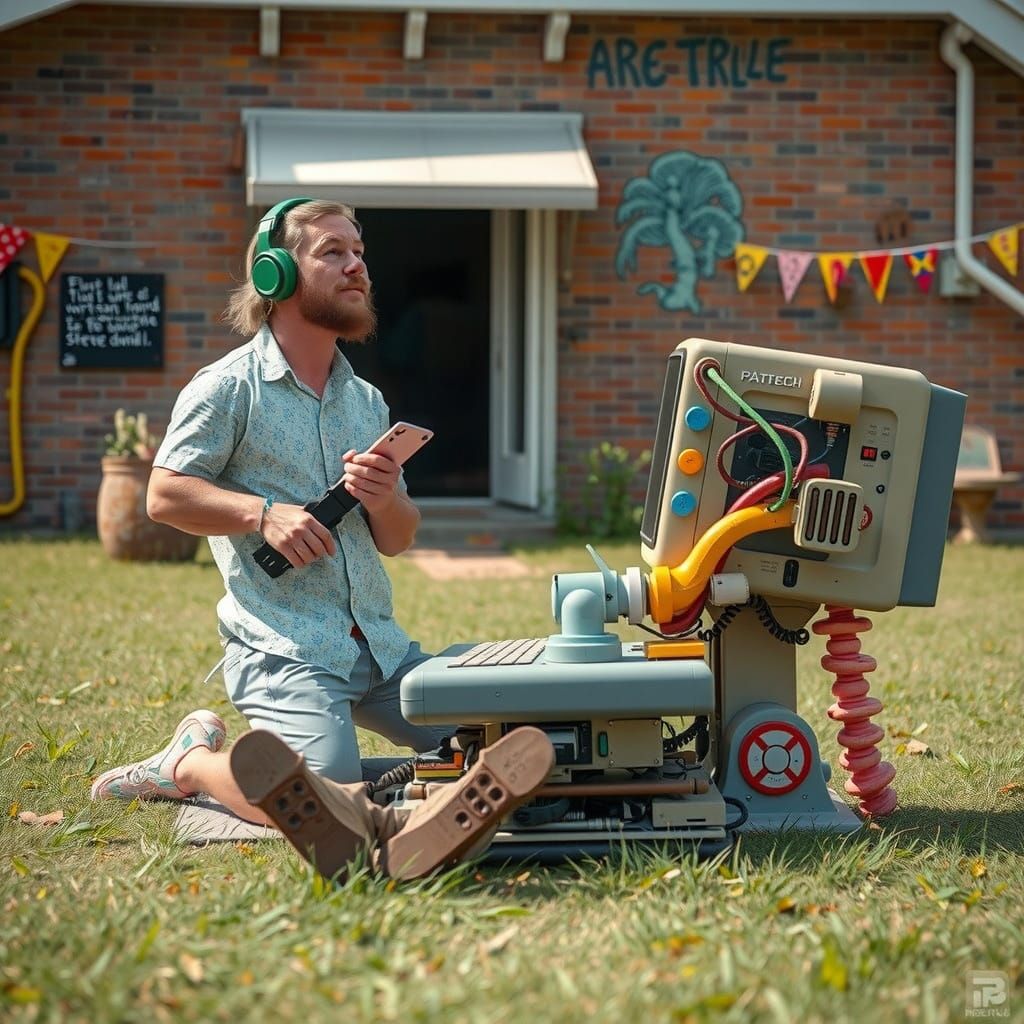 Misty Forest Computer with Mushroom Bungalow, Hyperreal Art