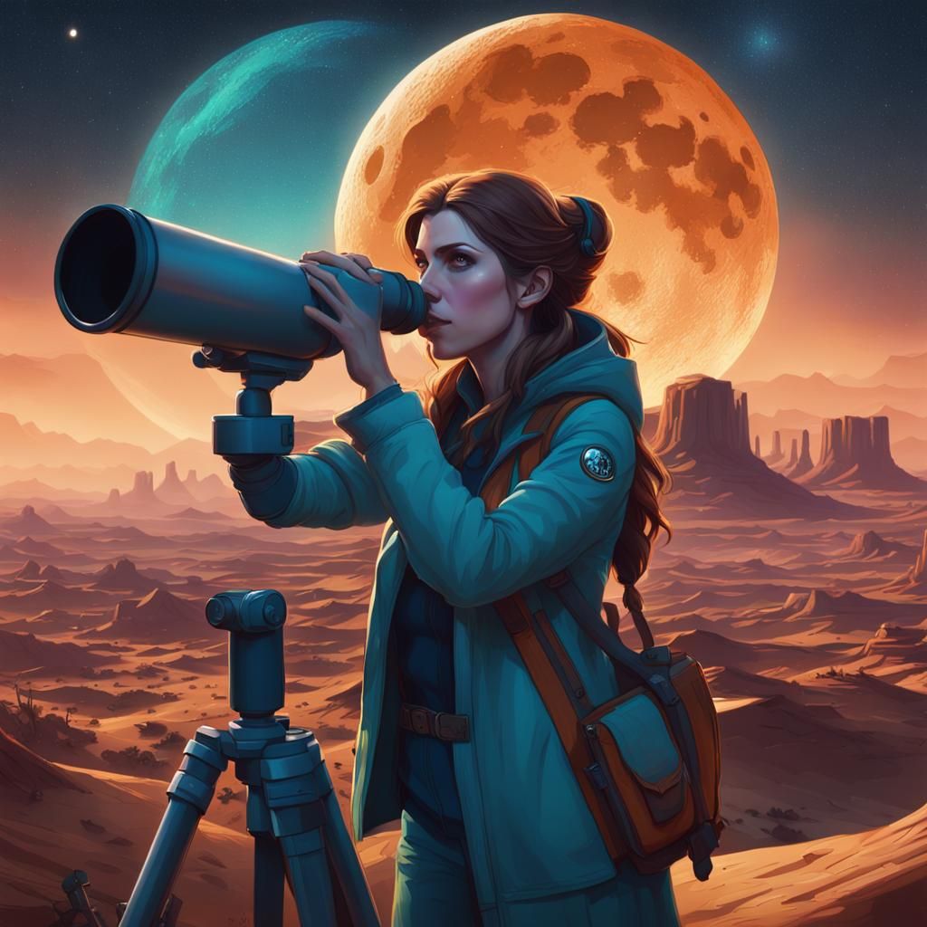 Woman Gazing at Night Sky with Telescope