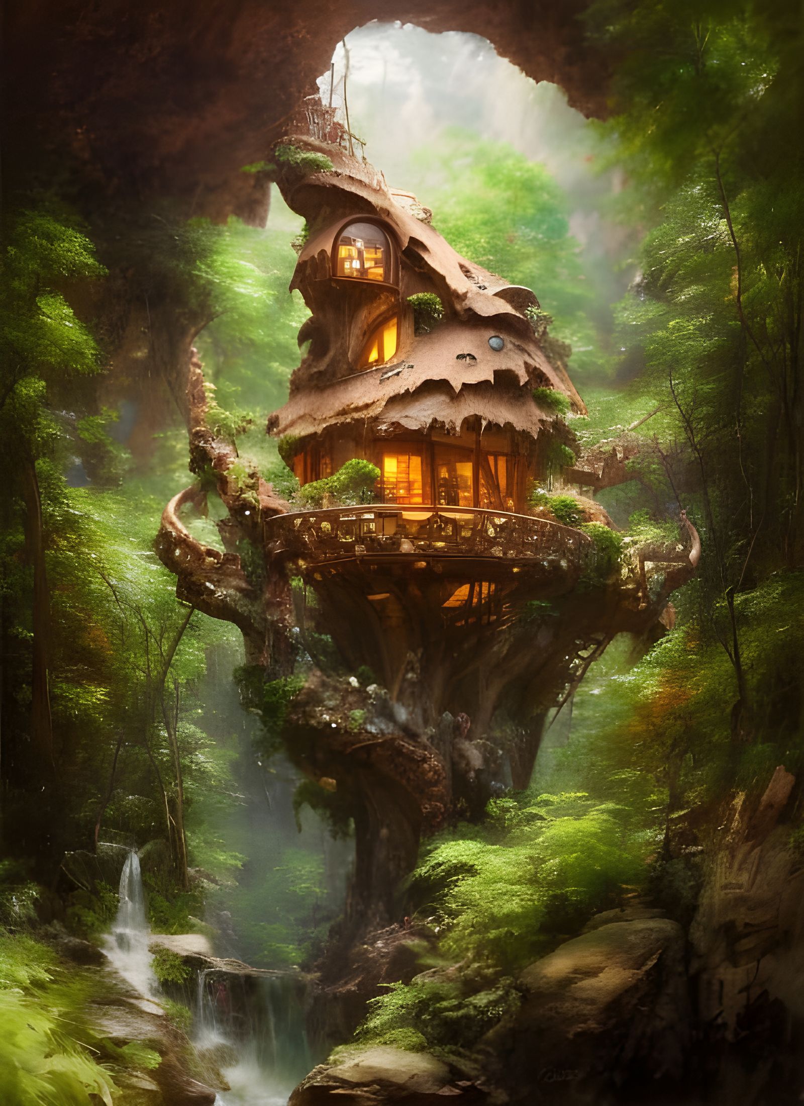 Intricate Treehouse in Cave Oil Painting