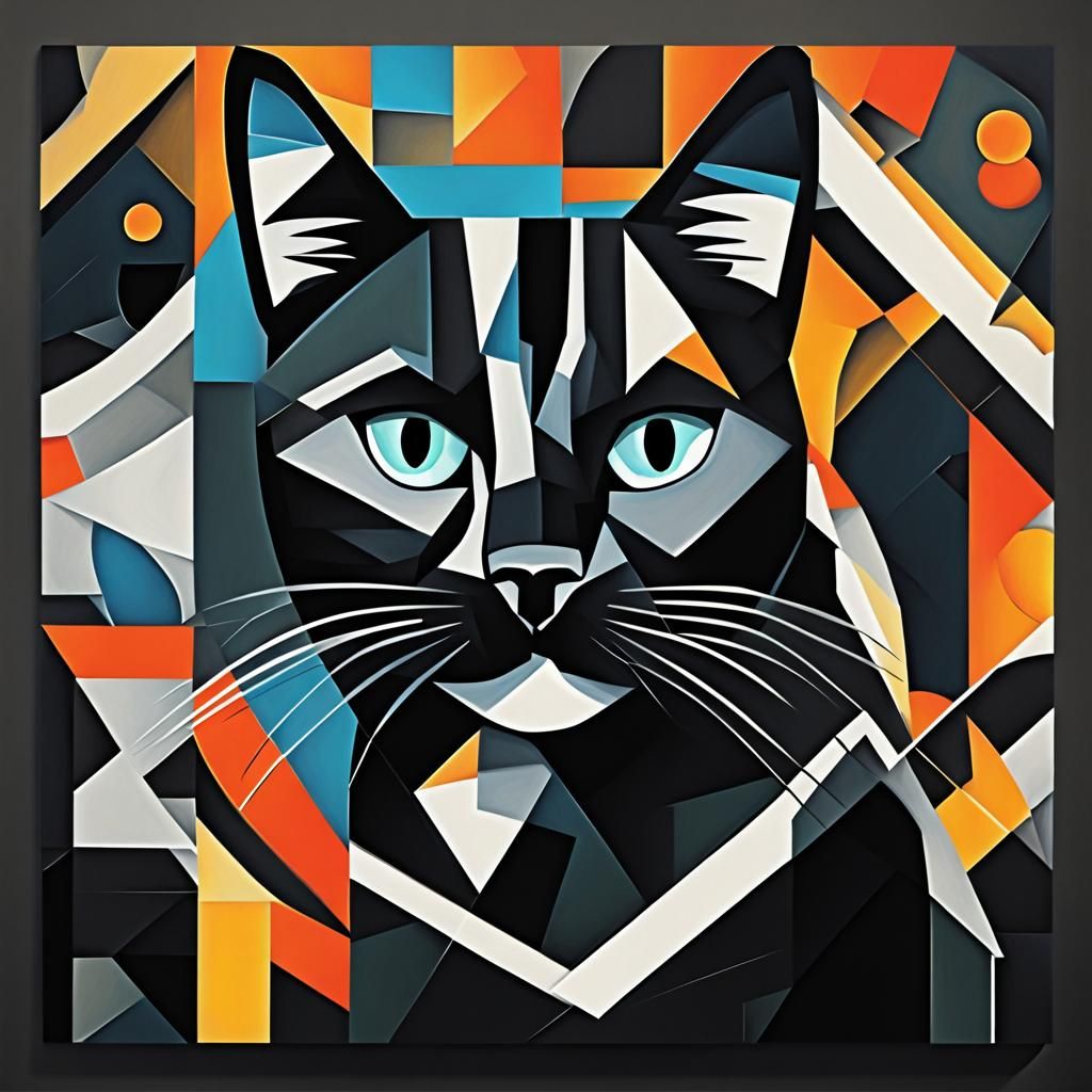 Cubist Black Cat Geometric Art Deco Painting