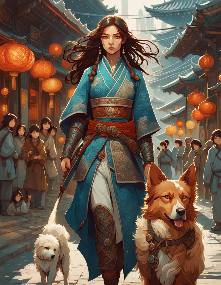 Female Warrior and Dog in South Korea, Digital Art