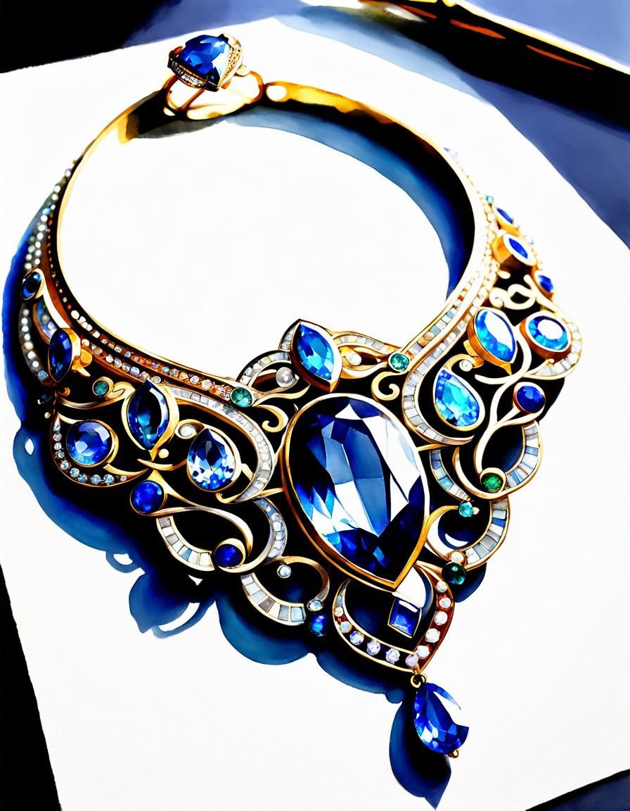 Art Deco Jewelry Watercolor Sketch with Faceted Jewels