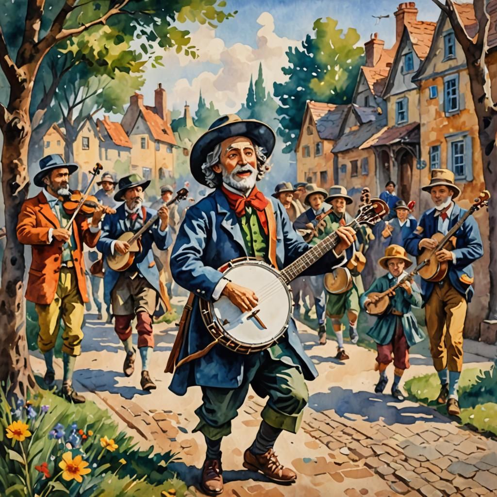 Pied Piper Plays Banjo in Gouache Watercolor