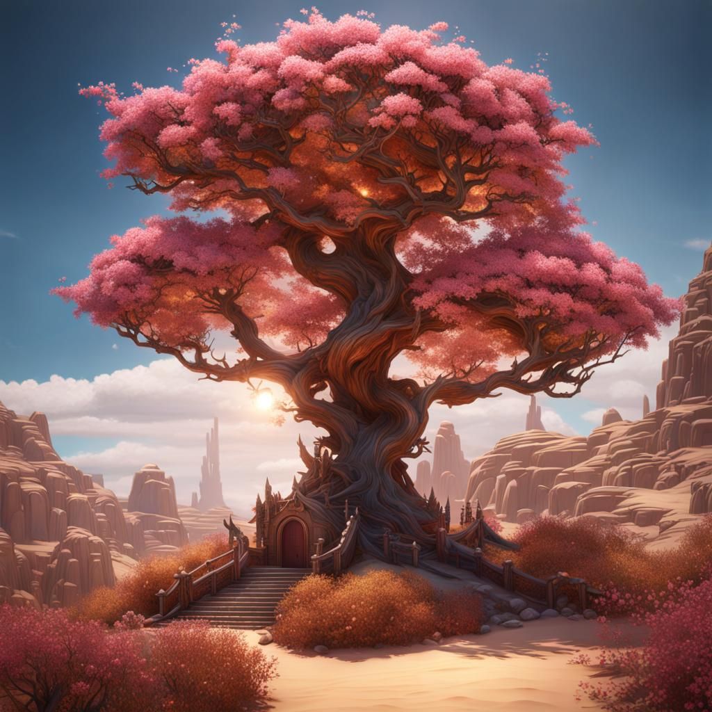 Glass Castle and Rose-Gold Blossom Tree in Desert