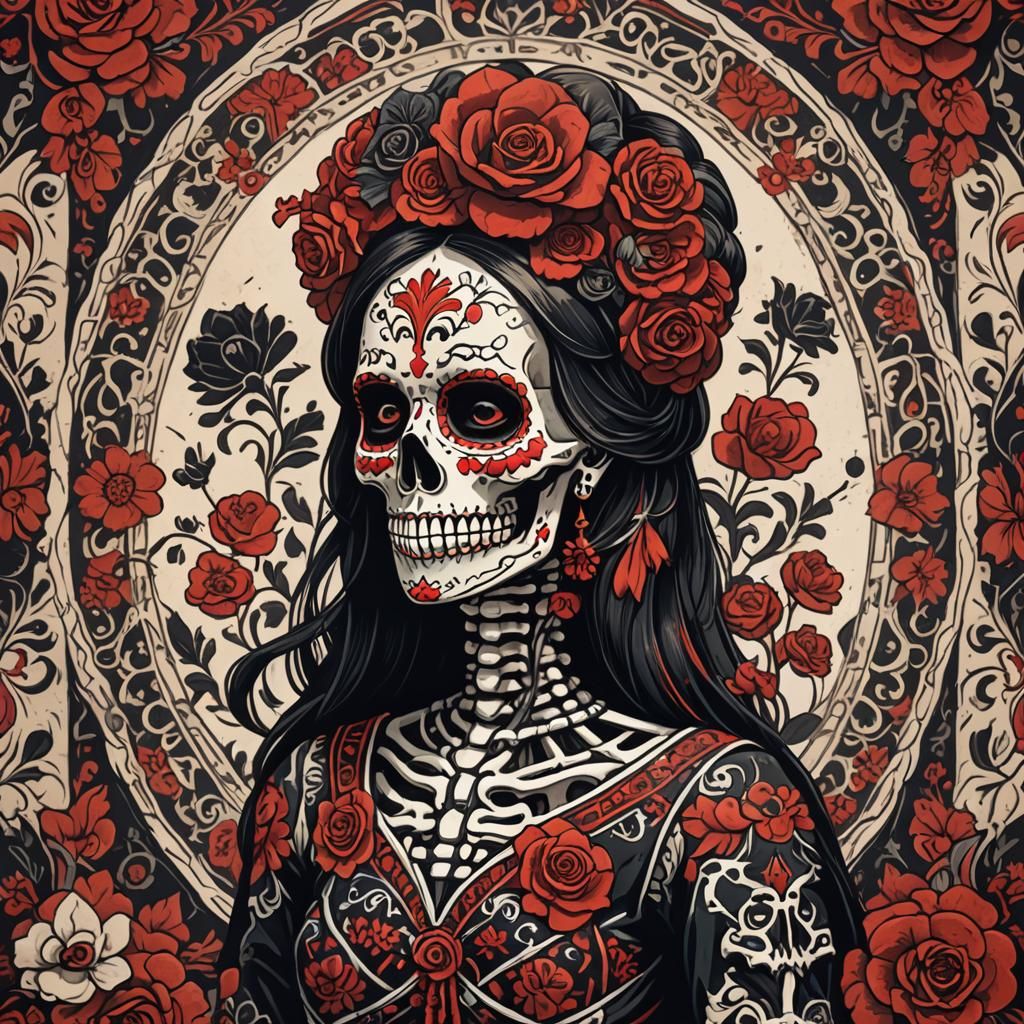Folk Art Catrina Skeleton in Red and Black