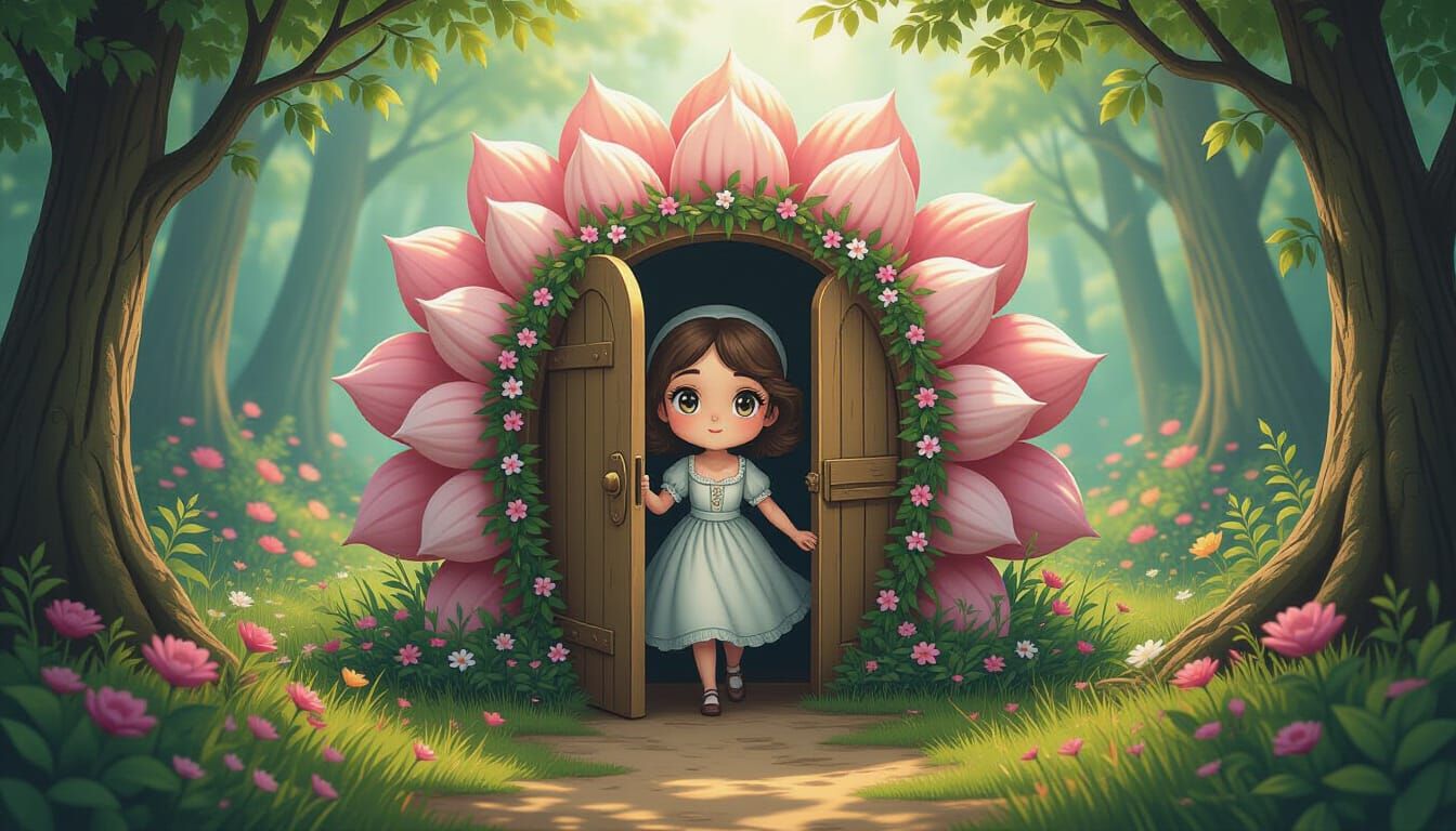 Chibi Woman Enters Enchanted Forest Door