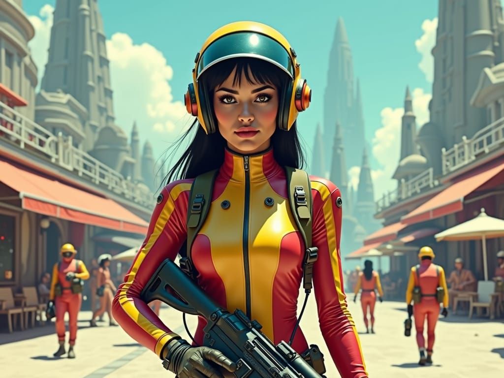 Pakistani Bounty Hunter in Retrofuturistic Spaceport, Acryli...