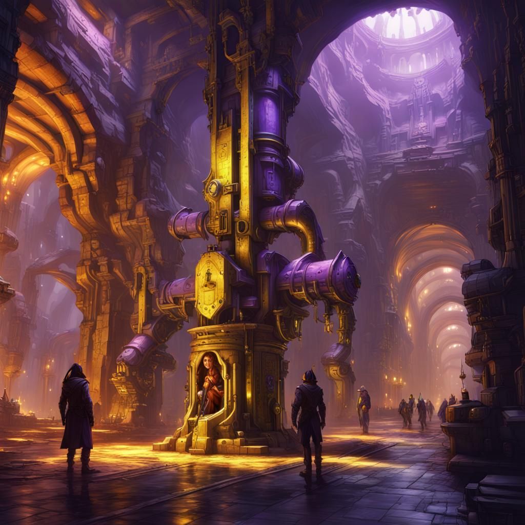 Elven Engineers in Underground City, Dark Fantasy Art