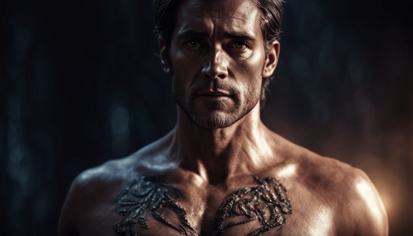 Shimmer Man with Glowing Runes in Hyperrealistic Style