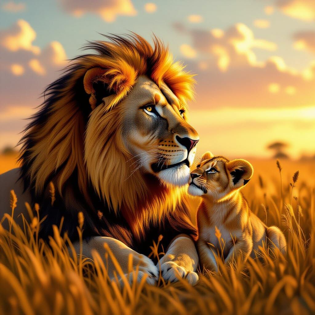 Lion Father and Cub in Hyperrealistic Style