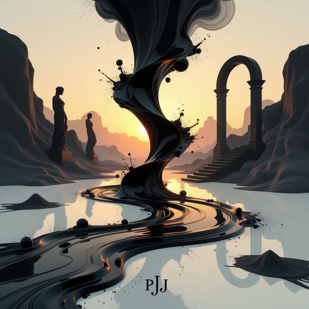 Surreal Ink World: Flowing Black Liquid and Charcoal Dust