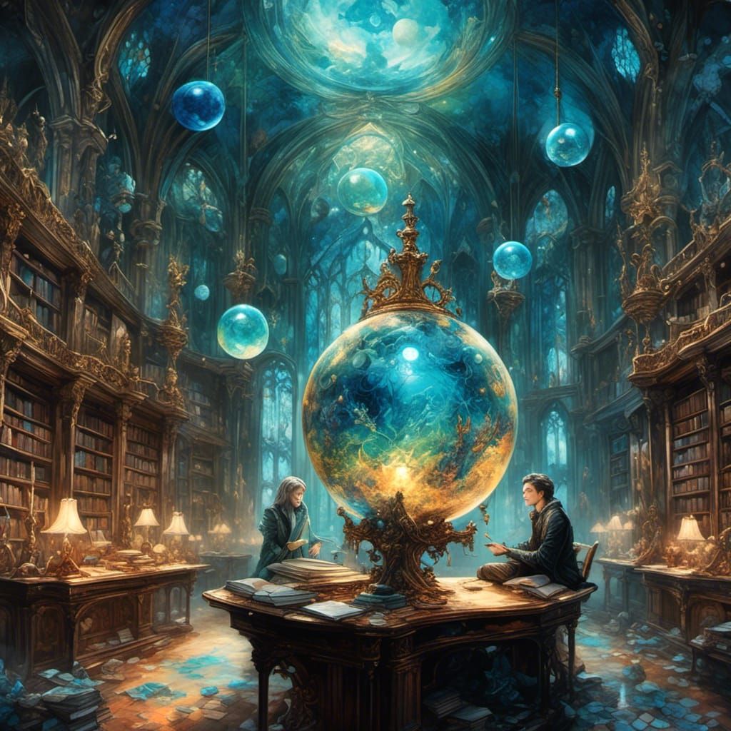 Wizard Studies Orb in Vast Library: Fantasy Art