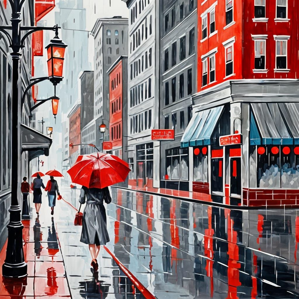 1950s Downtown Street in Rain, Gouache Painting