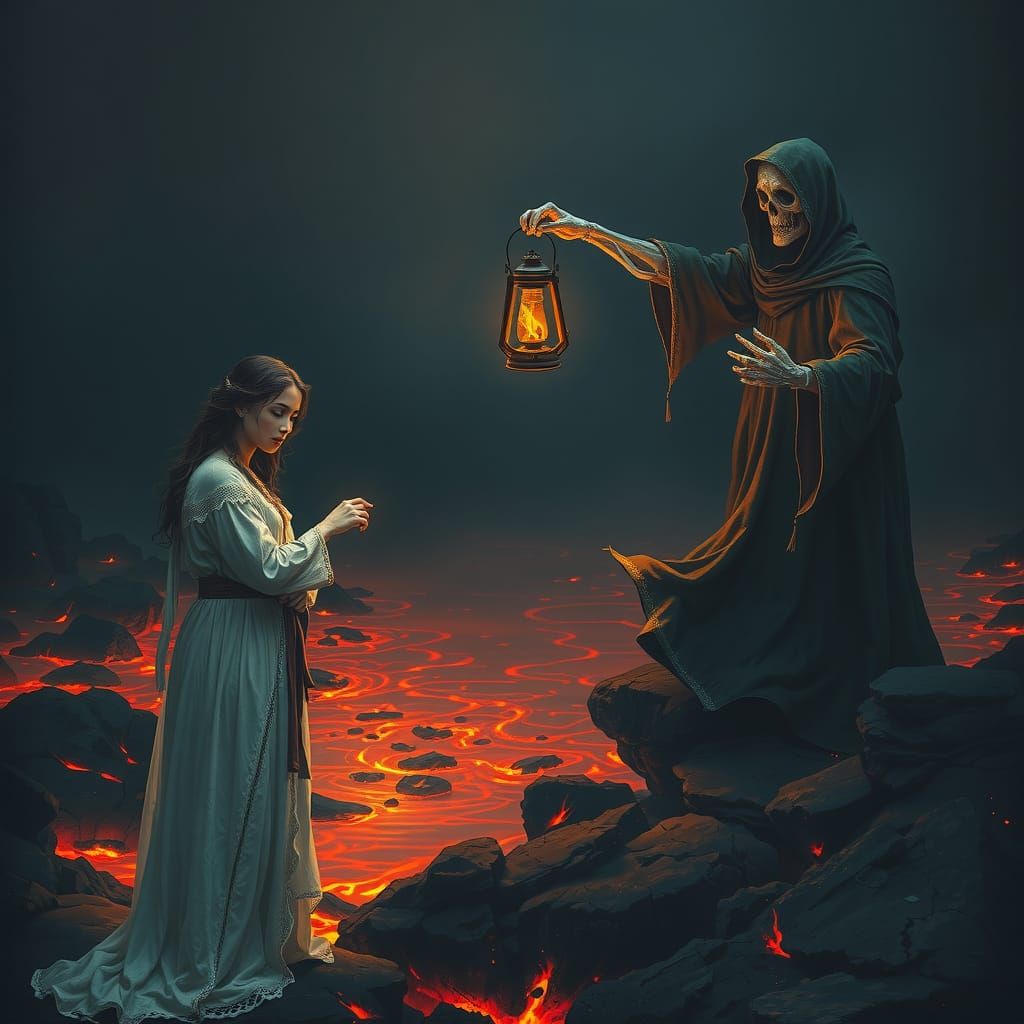 Ethereal Ferryman Guides Soul Across Lava River