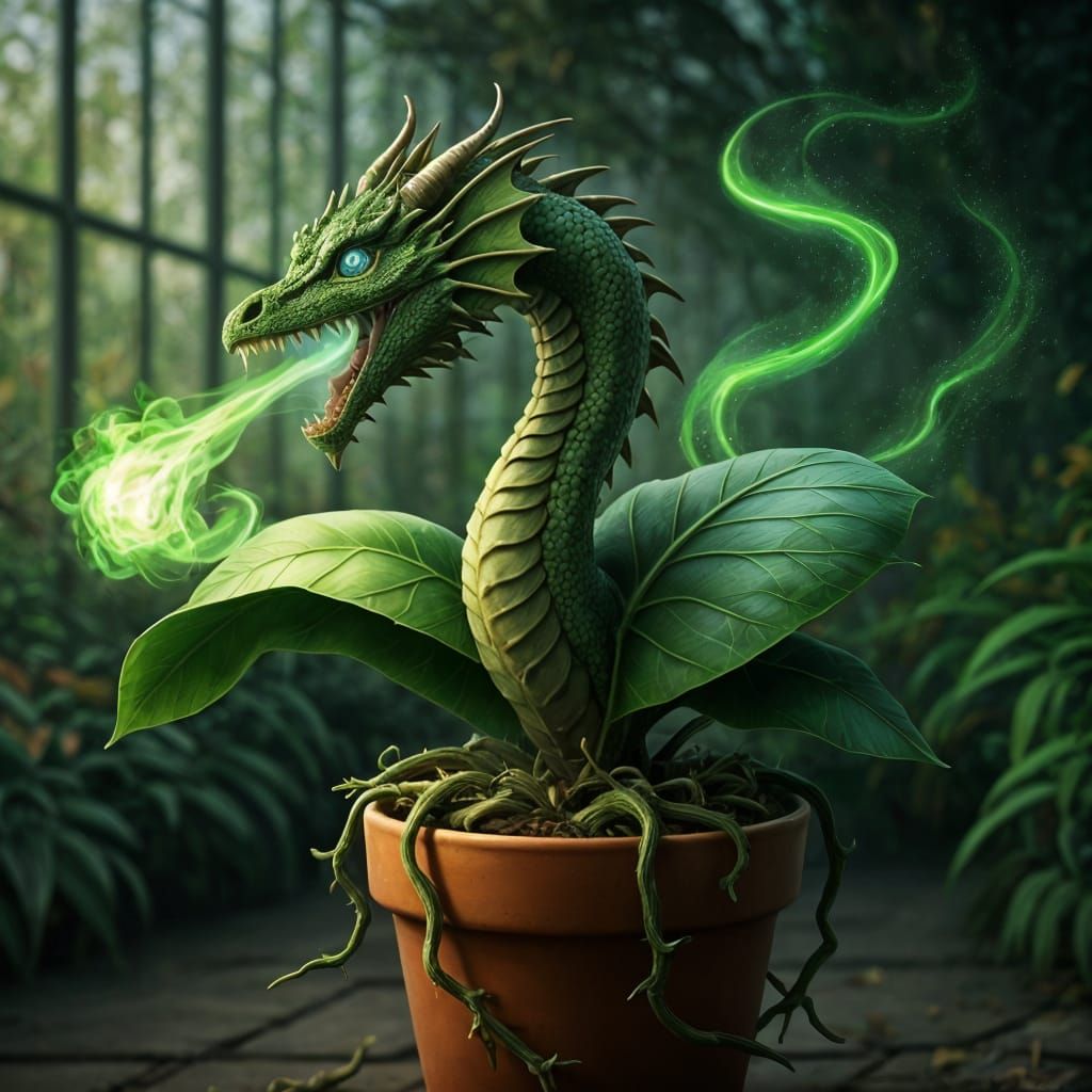 Dragon-Headed Magical Plant Spewing Fire in Greenhouse