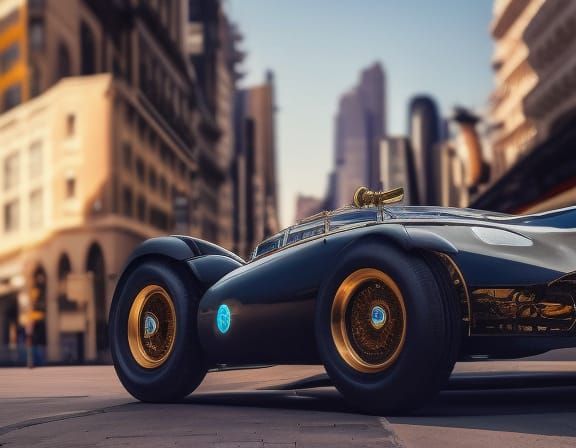 Steampunk Car and Futuristic Elf Tower Cityscape