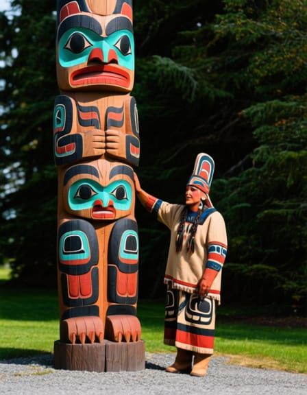Tlingit Totem Pole and Person Authentic Cultural Depiction