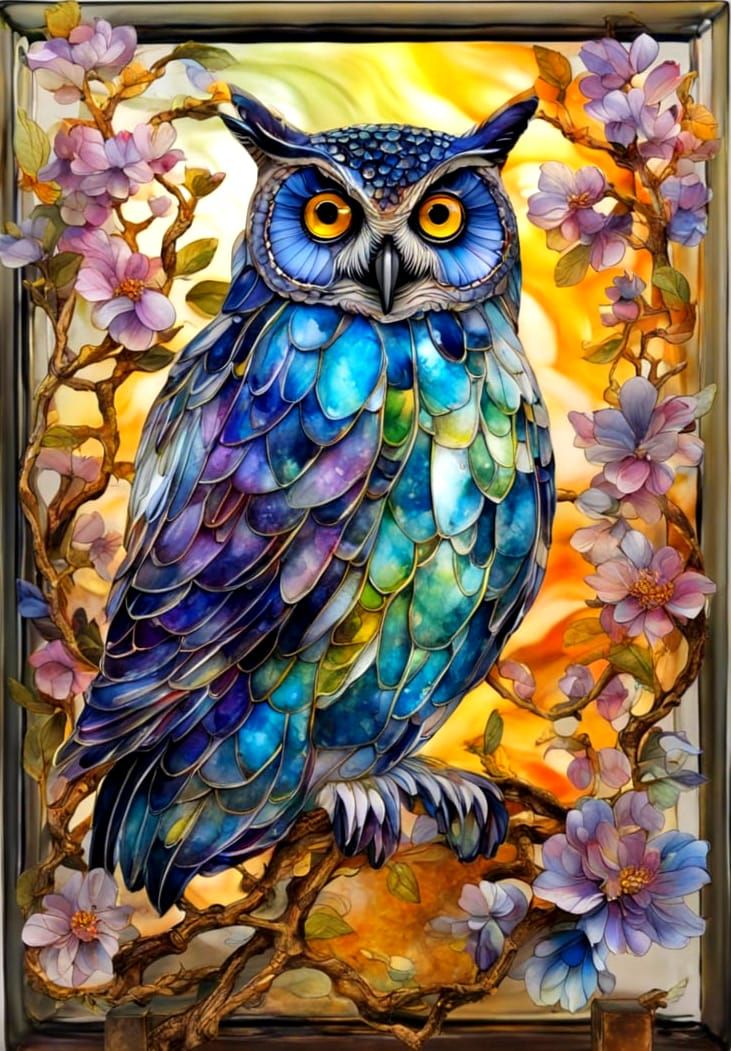 Realistic Glass Owl Statue with Golden Line Art