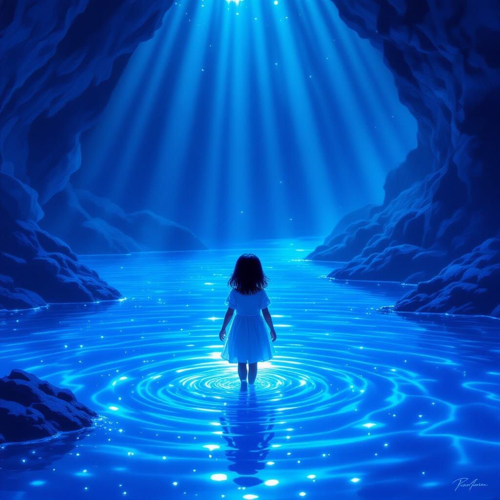 Girl Walks Through Vivid Blue Cove With Ethereal Light