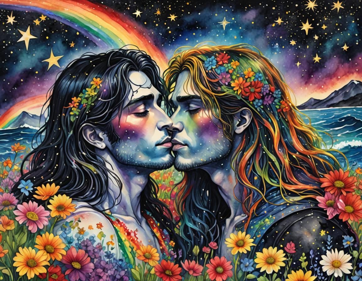 Rainbow Gods Kissing in Surreal Landscape Watercolor
