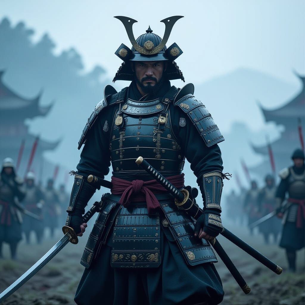 Fierce Samurai Warrior with Daisho on Battlefield